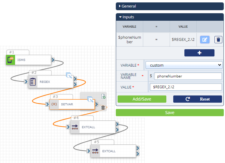 On the left the Set action is selected in the flow, and on the right sample values are shown in the configuration panel